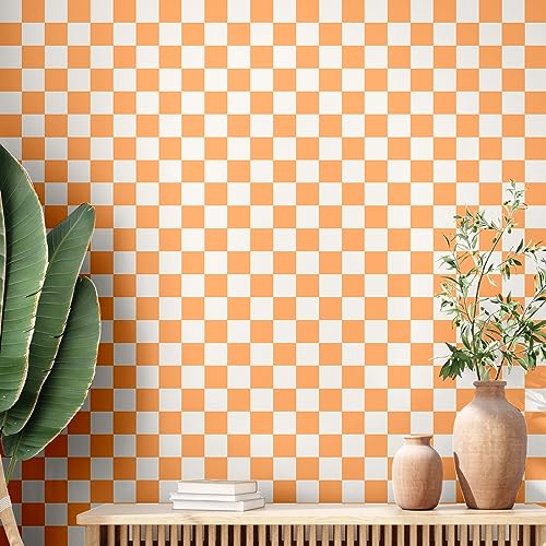 Drydiet Retro Checkered Peel and Stick Wallpaper 70s Funky Checkered Contact Paper Geometric Waterproof Wallpaper Neutral Checkerboard Decor for Bathroom Cabinet(Orange,9.8' X 15.75'') - Image 1