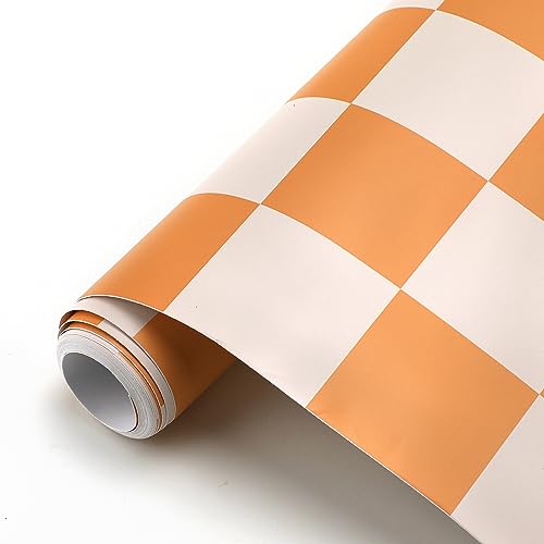 Drydiet Retro Checkered Peel and Stick Wallpaper 70s Funky Checkered Contact Paper Geometric Waterproof Wallpaper Neutral Checkerboard Decor for Bathroom Cabinet(Orange,9.8' X 15.75'') - Image 2