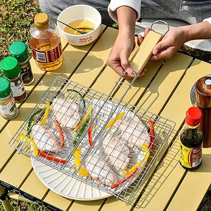 FEELING MALL BBQ Basket Vegetable Basket Grill Rack Fish Roasting Stainless Steel Roasting Organizer with Wooden Handle for Roasting Fish Shrimps Seafood Baking Barbecue Cookware Kitchen Camping - Image 2