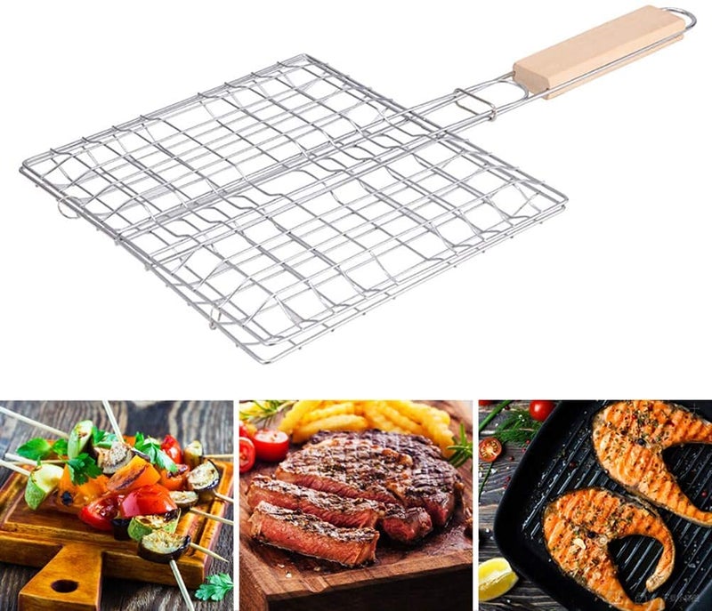FEELING MALL BBQ Basket Vegetable Basket Grill Rack Fish Roasting Stainless Steel Roasting Organizer with Wooden Handle for Roasting Fish Shrimps Seafood Baking Barbecue Cookware Kitchen Camping - Image 1