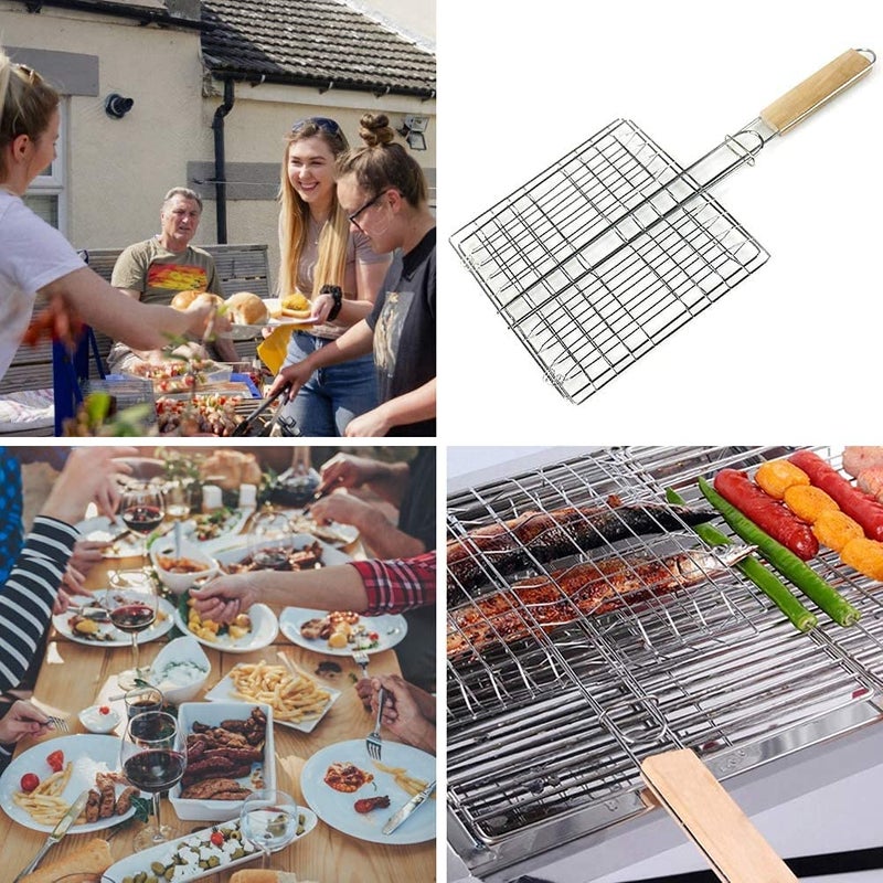 FEELING MALL BBQ Basket Vegetable Basket Grill Rack Fish Roasting Stainless Steel Roasting Organizer with Wooden Handle for Roasting Fish Shrimps Seafood Baking Barbecue Cookware Kitchen Camping - Image 3