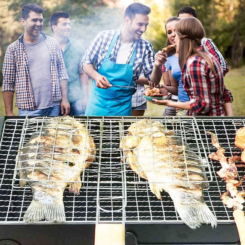 FEELING MALL BBQ Basket Vegetable Basket Grill Rack Fish Roasting Stainless Steel Roasting Organizer with Wooden Handle for Roasting Fish Shrimps Seafood Baking Barbecue Cookware Kitchen Camping - Image 4