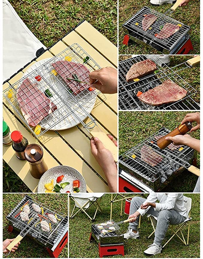 FEELING MALL BBQ Basket Vegetable Basket Grill Rack Fish Roasting Stainless Steel Roasting Organizer with Wooden Handle for Roasting Fish Shrimps Seafood Baking Barbecue Cookware Kitchen Camping - Image 5