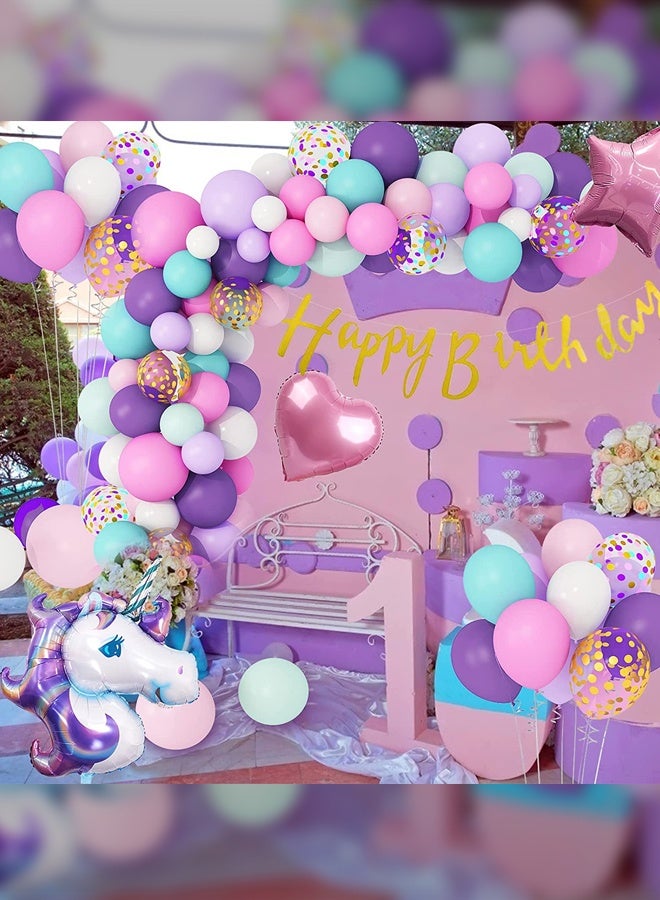 هايدو 108PCS يونيكورن موضوع عيد ميلاد بالون مجموعة، حزب ميلاد ديكور بالون قوس مجموعة (بما في ذلك البالونات، يونيكورن رقائق بالون، عيد ميلاد سعيد لافتة، إلخ) - Image 2
