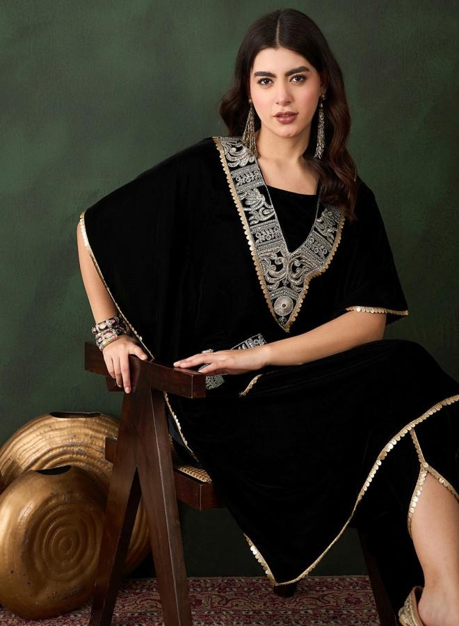 ISHIN Women'S Black Velvet Embroidered Tunic Full Length Palazzo Straight Fit Kurta Set - Image 1