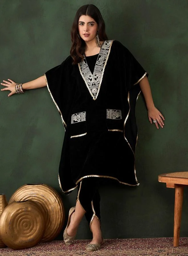 ISHIN Women'S Black Velvet Embroidered Tunic Full Length Palazzo Straight Fit Kurta Set