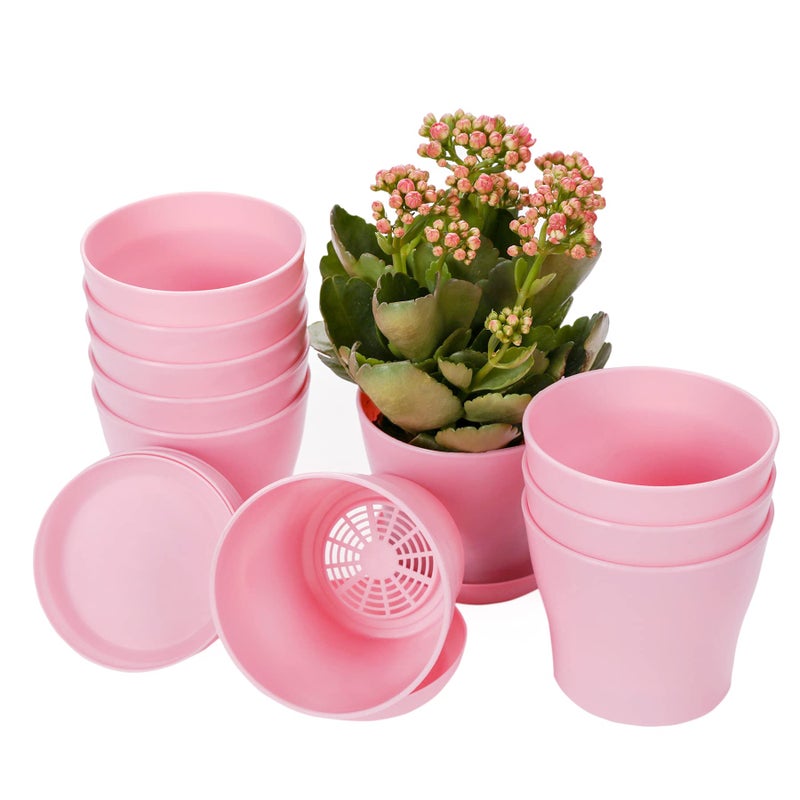 TDHDIKE 10 Pcs Plastic Planters Indoor Flower Plant Pots, Mini Flower Seedlings Nursery Pot/Planter/Flower Pot with Pallet, Modern Decorative Gardening Containers (Pink) - Image 1