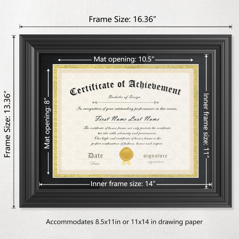 Abtgt 11x14 Diploma Frame Certificate Degree Document Frame with High Definition Glass, with Black and Gold Mat Display 8.5x11 or without Mat Display 11x14, for Wall and Tabletop, Black - Image 3