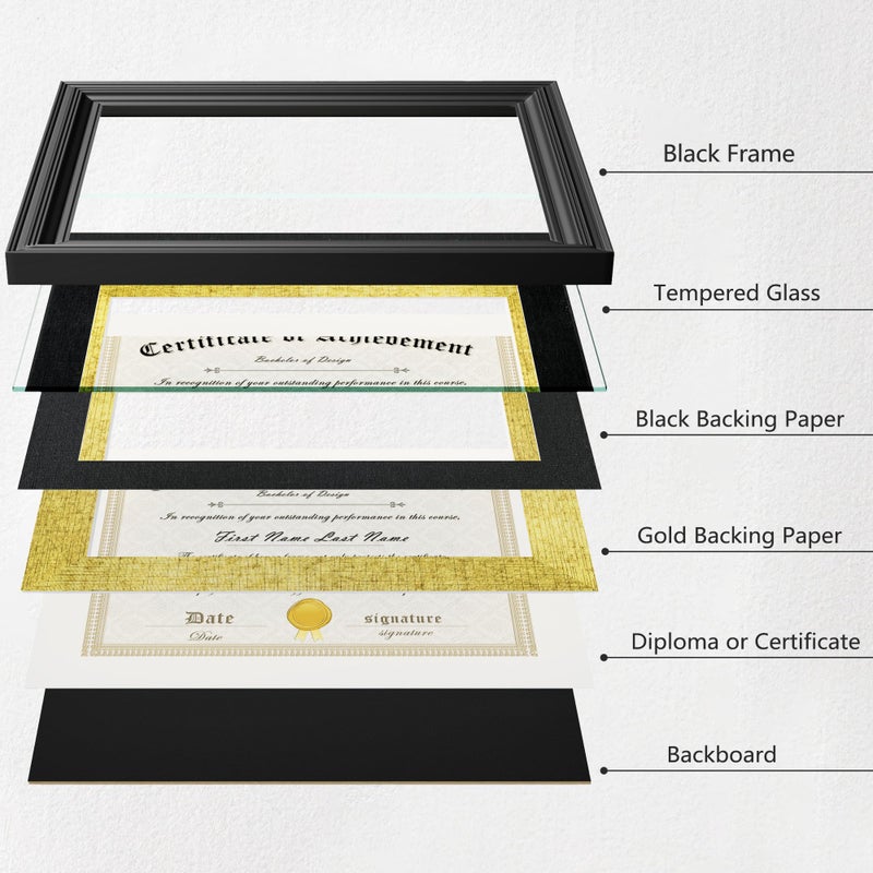 Abtgt 11x14 Diploma Frame Certificate Degree Document Frame with High Definition Glass, with Black and Gold Mat Display 8.5x11 or without Mat Display 11x14, for Wall and Tabletop, Black - Image 4