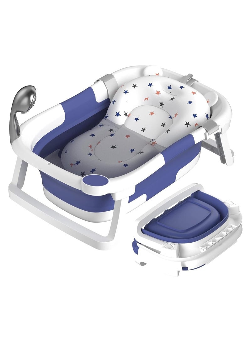 حوض استحمام للأطفال، حوض قابل للطي من حديثي الولادة إلى الأطفال الصغار، حوض استحمام أساسي متين للأطفال، حوض استحمام محمول للسفر مع وسادة ناعمة، حوض استحمام قابل للتعليق وغير قابل للانزلاق وقابل للفك (أزرق) - Image 1