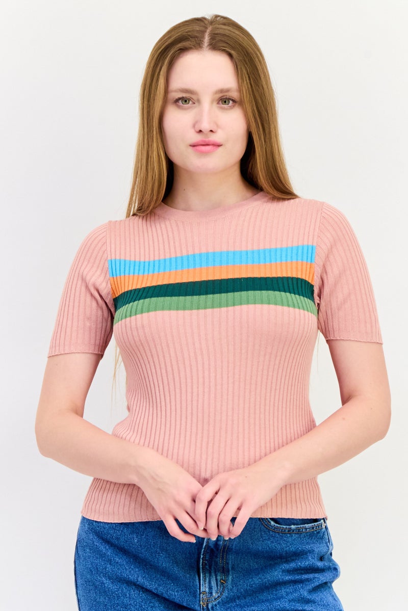 ONLY Women Crew Neck Stripe Sweater, Peach - Image 1