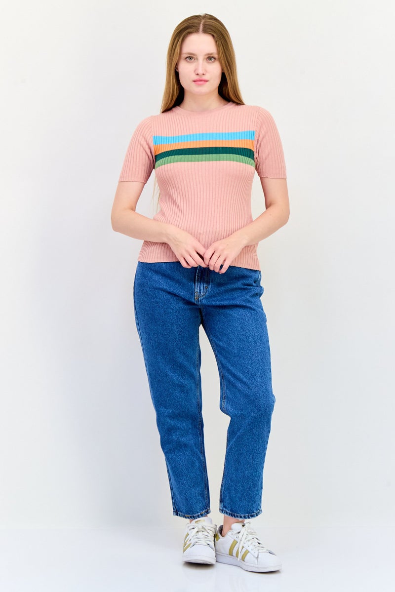 ONLY Women Crew Neck Stripe Sweater, Peach - Image 2