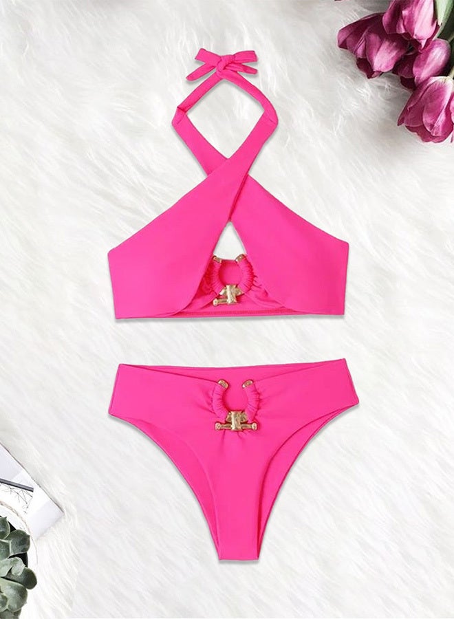 MARGOUN Women Large Size Swimsuit Cross Swimwear Bikinis Set Metal Connected Bathing Suit Bikini Strap Solid Split High Waist Bikini Swimwear Rose Red / L(Bust 88-96/Waist 70-76/Hip 94-102) - Image 1