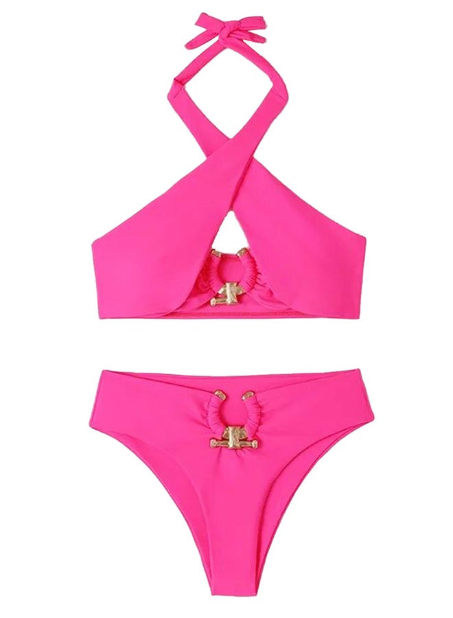 MARGOUN Women Large Size Swimsuit Cross Swimwear Bikinis Set Metal Connected Bathing Suit Bikini Strap Solid Split High Waist Bikini Swimwear Rose Red / L(Bust 88-96/Waist 70-76/Hip 94-102) - Image 3