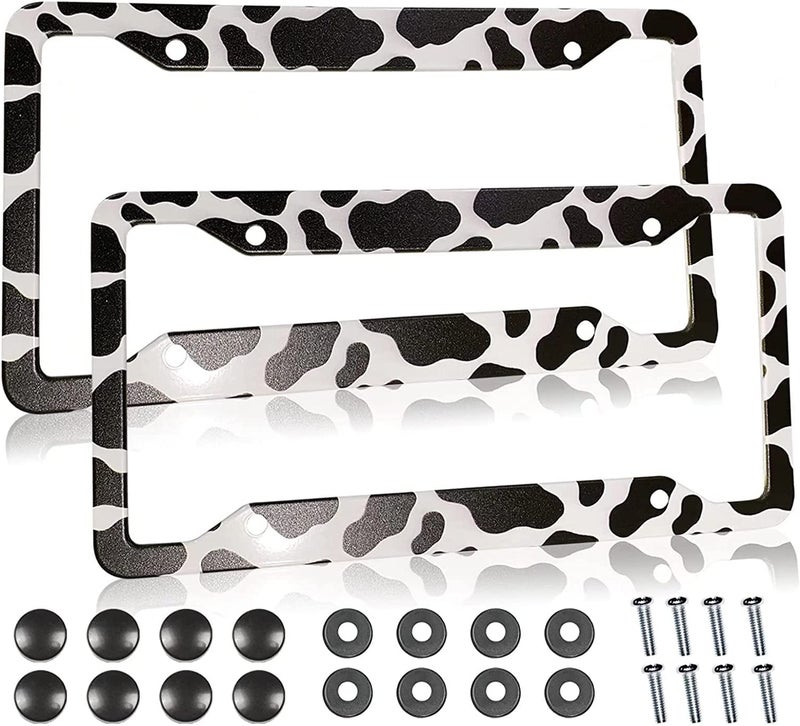 PAUSEBOLL Cow Print License Plate Frame Holders Covers Cute Animal White Black Spot Cow Tags Frames Covers Holder Stainless Aluminum Metal 2 Pack 4 Holes for USA Canada Vehicle Standard - Image 1