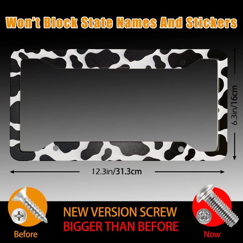 PAUSEBOLL Cow Print License Plate Frame Holders Covers Cute Animal White Black Spot Cow Tags Frames Covers Holder Stainless Aluminum Metal 2 Pack 4 Holes for USA Canada Vehicle Standard - Image 2