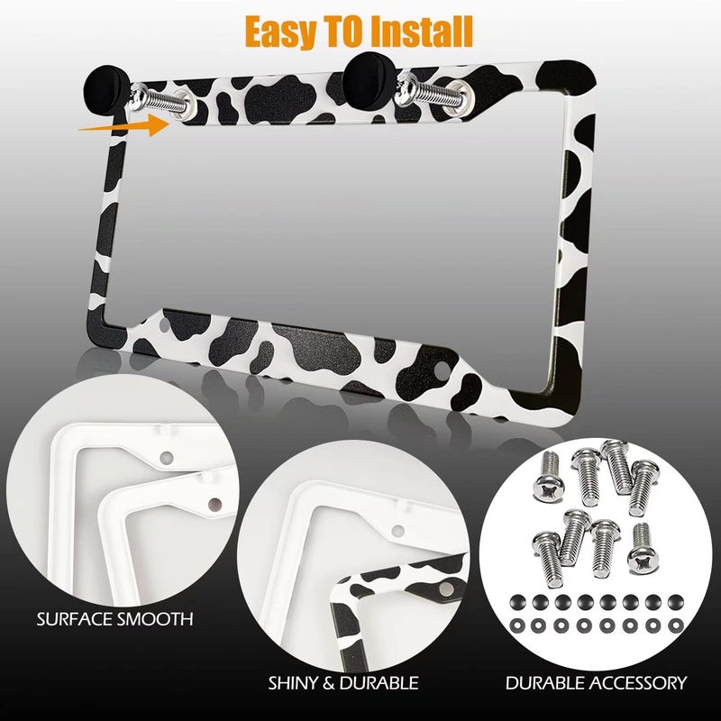 PAUSEBOLL Cow Print License Plate Frame Holders Covers Cute Animal White Black Spot Cow Tags Frames Covers Holder Stainless Aluminum Metal 2 Pack 4 Holes for USA Canada Vehicle Standard - Image 4