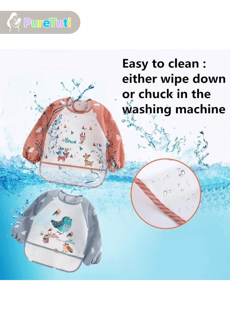 PureTuti 3-Pack Waterproof Sleeved Bib Set – Full-Sleeve Art Smock & Feeding Apron for Babies 1-4 Years | Extra-Large Catch Pocket | Machine Washable & Quick-Dry (Play & Mealtime Protection) - Image 2