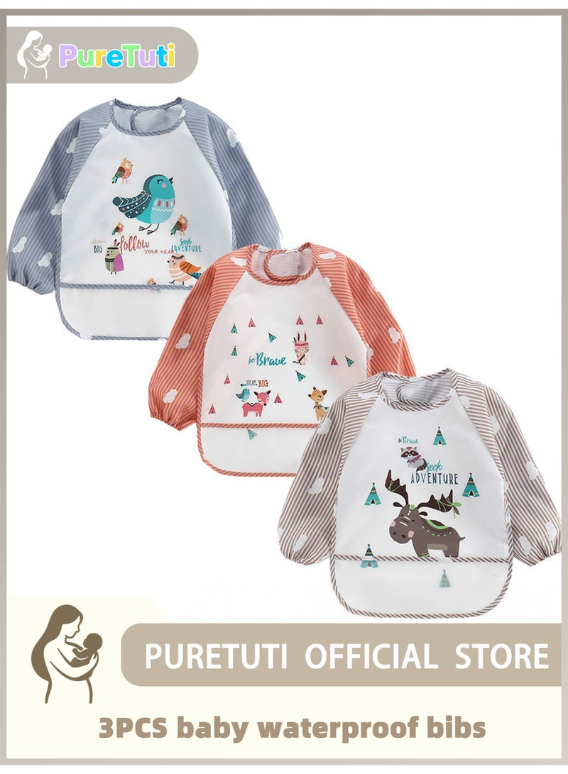 PureTuti 3-Pack Waterproof Sleeved Bib Set – Full-Sleeve Art Smock & Feeding Apron for Babies 1-4 Years | Extra-Large Catch Pocket | Machine Washable & Quick-Dry (Play & Mealtime Protection) - Image 1
