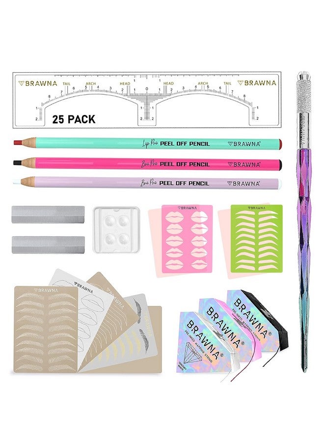 BRAWNA Microblading Kit For Professionals And Beginners: 25 Pcs Brow Ruler Stickers, 7 Pcs Pmu Practice Skins, 3 Mapping String, 2 Pmu Brow & Lips Stencils, 3 Peel Off Mapping Pencils 2 Brow Razor - Image 2