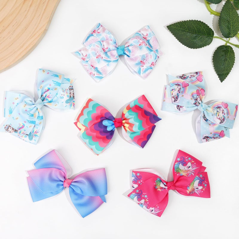 CellElection 4.5Inch Bows for Girls Boutique Grosgrain Ribbon Rainbow Hair Bow Alligator Hair Clips Pigtail Bows Unicorn Hair Clips for Baby Girls Toddler Kids Children Teens 12PCS - Image 4