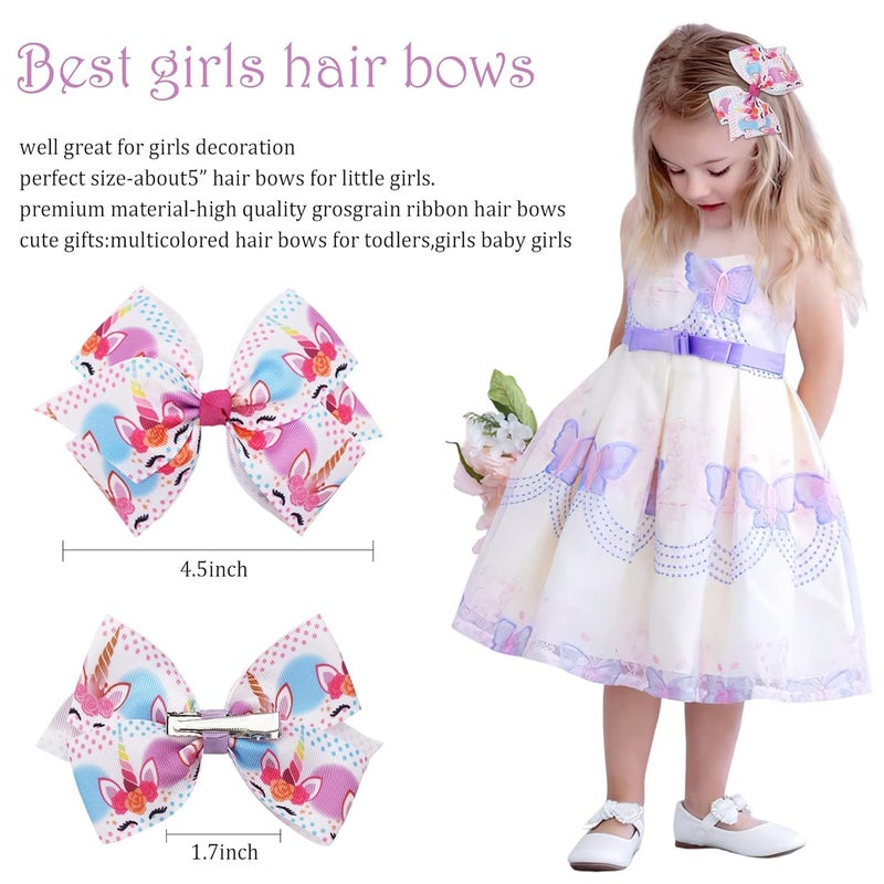 CellElection 4.5Inch Bows for Girls Boutique Grosgrain Ribbon Rainbow Hair Bow Alligator Hair Clips Pigtail Bows Unicorn Hair Clips for Baby Girls Toddler Kids Children Teens 12PCS - Image 2