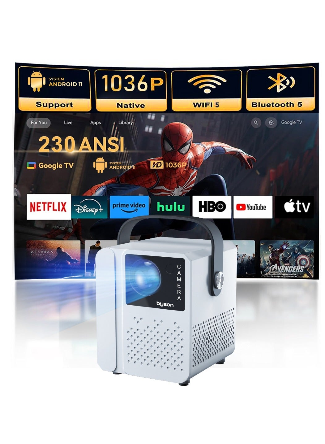 Luma Full HD 1080p Projector with Android 11, 5G WiFi, HDR, 50–120” Adjustable Screen, Remote Control & 360° Tripod – Portable Home Theater Projector for Movies, Gaming, Office & Outdoor Use