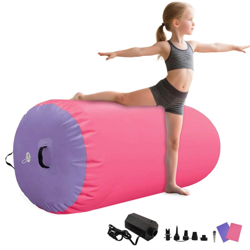 GONFLABLE Air Roller Gymnastics Barrel Inflatable Tumbling Roller Air Mat with Electric Pump for Backhandspring Training Yoga Cheerleading Home Use Gym (Pink Purple-Air Roller, 3.3ft x 31.5inch) - Image 1