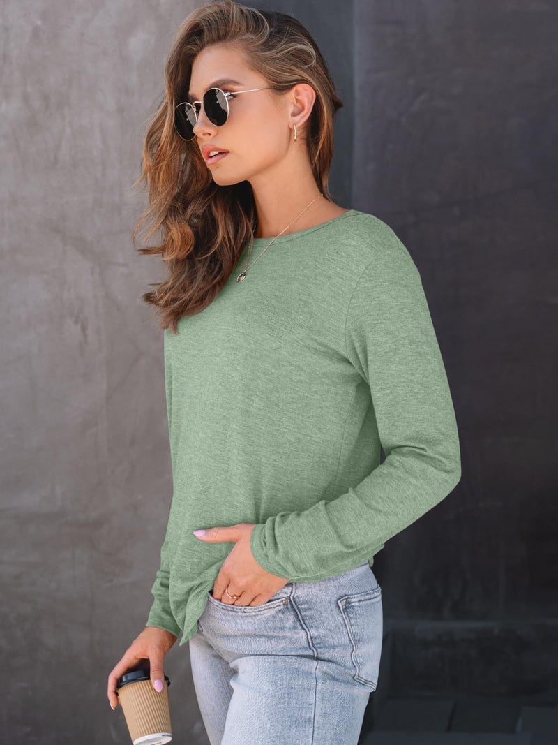 AUTOMET Women's Long Sleeve Shirts Fall Solid Color Loose Fit Tunics Tops Oversized Basic Tees Business Casual Outfits BeanGreen L - Image 3