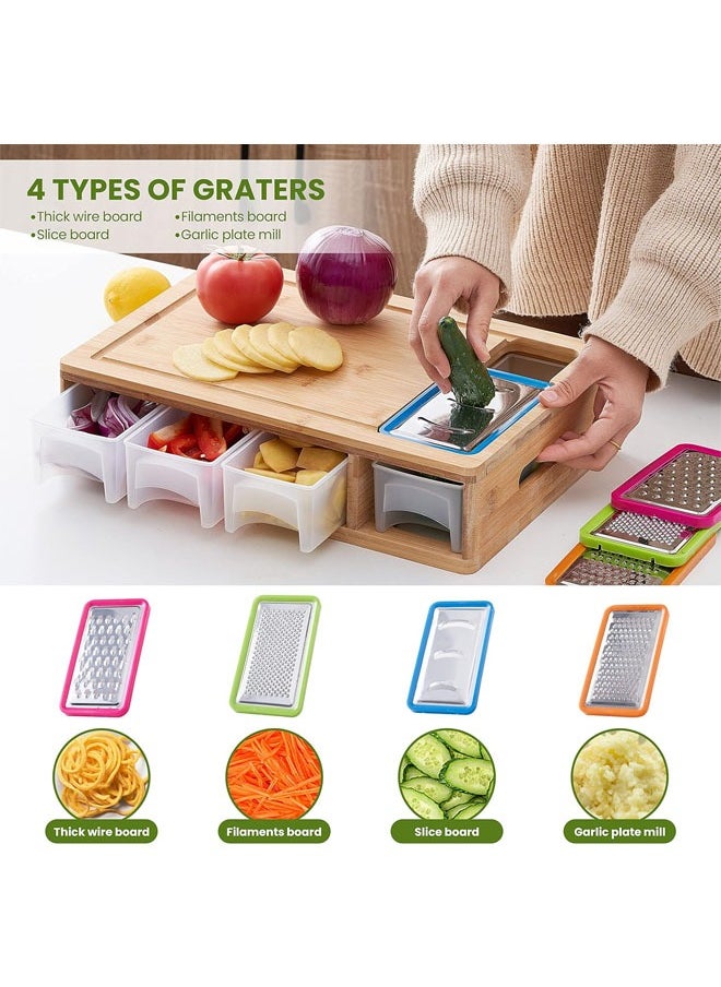 Bamboo Chopping Board with Drawer,Large Chopping Board with Juice Groove,Easy-Grip Handles and Food Sliding Openings,Carving Board with Tray for Storing/Transporting/Tidying up Food
