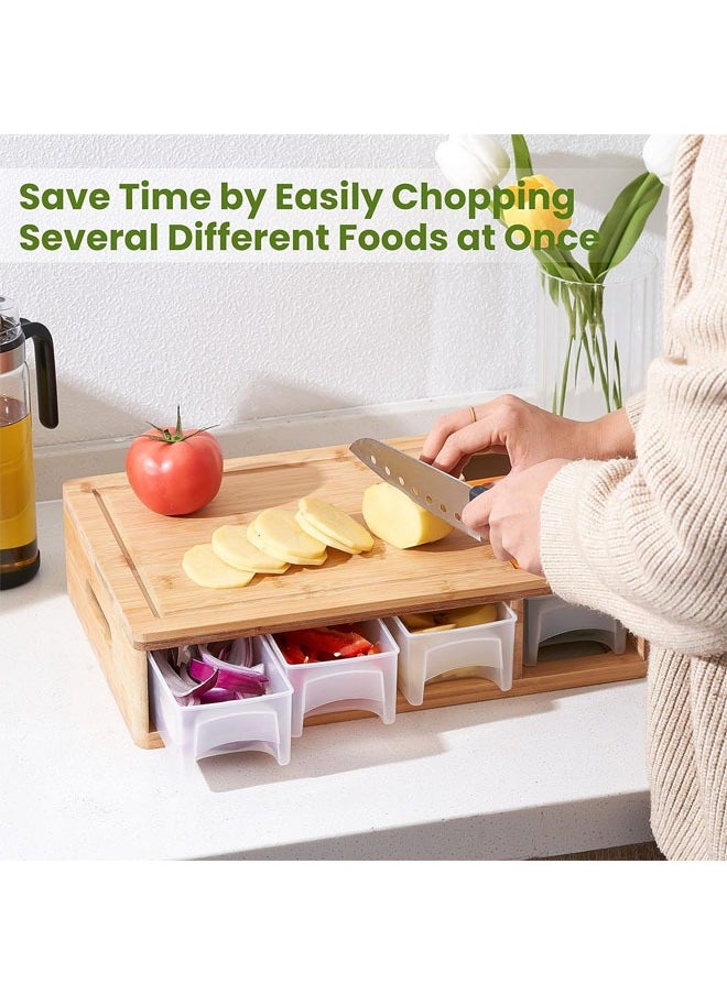 Bamboo Chopping Board with Drawer,Large Chopping Board with Juice Groove,Easy-Grip Handles and Food Sliding Openings,Carving Board with Tray for Storing/Transporting/Tidying up Food