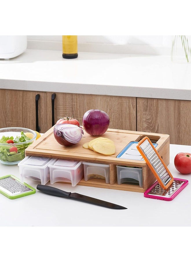 Bamboo Chopping Board with Drawer,Large Chopping Board with Juice Groove,Easy-Grip Handles and Food Sliding Openings,Carving Board with Tray for Storing/Transporting/Tidying up Food