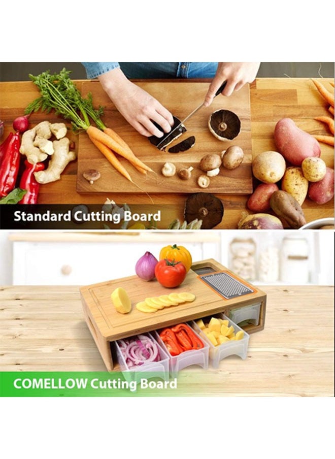Bamboo Chopping Board with Drawer,Large Chopping Board with Juice Groove,Easy-Grip Handles and Food Sliding Openings,Carving Board with Tray for Storing/Transporting/Tidying up Food