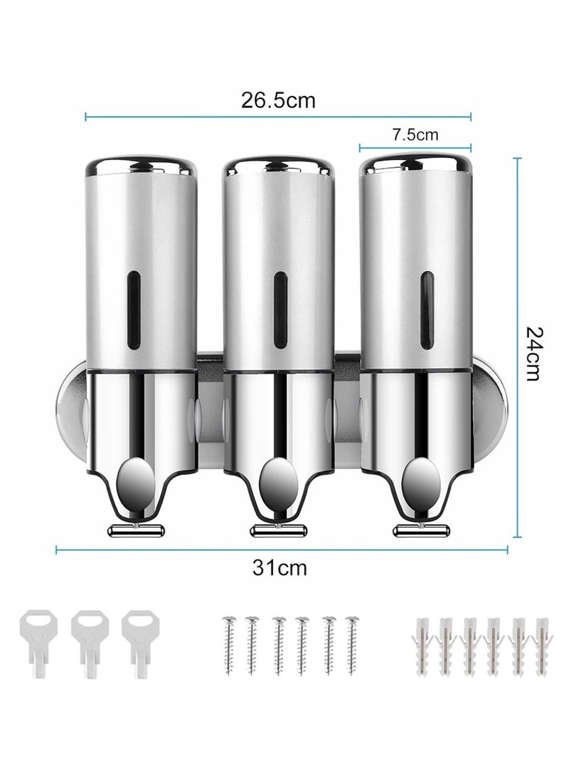 بيوينتي مجموعة مضخة الصابون 3 في 1 المعلقة على الحائط لحمامات بيونتي، مضخة الصابون، مضخة المرطبات، تحتوي على الشامبو، الصابون، مرطب الشعر، جل الاستحمام، لتنظيم الحمام والمطبخ والفنادق (فضي) - Image 2