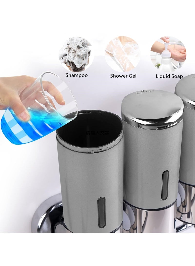بيوينتي مجموعة مضخة الصابون 3 في 1 المعلقة على الحائط لحمامات بيونتي، مضخة الصابون، مضخة المرطبات، تحتوي على الشامبو، الصابون، مرطب الشعر، جل الاستحمام، لتنظيم الحمام والمطبخ والفنادق (فضي) - Image 4