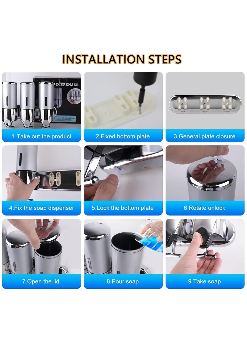 بيوينتي مجموعة مضخة الصابون 3 في 1 المعلقة على الحائط لحمامات بيونتي، مضخة الصابون، مضخة المرطبات، تحتوي على الشامبو، الصابون، مرطب الشعر، جل الاستحمام، لتنظيم الحمام والمطبخ والفنادق (فضي) - Image 5