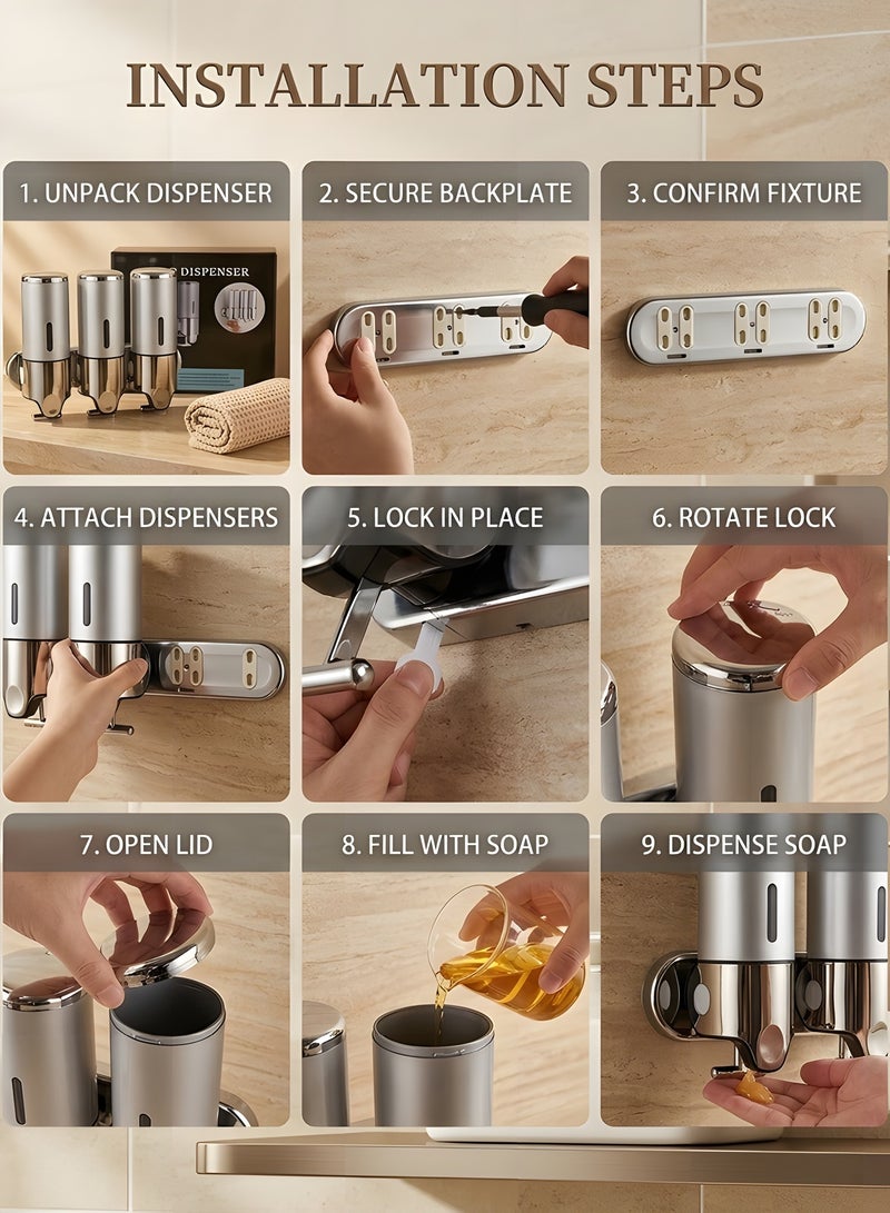 Beauenty 3 in 1 Wall Mounted Bathroom Shower Soap Pump Dispenser Set,Shower Pump Dispenser,Lotion Dispenser,Holds Shampoo,Soap,Conditioner,Shower Gel,For Bathroom Kitchen Hotel Organizer(Silver) - Image 5