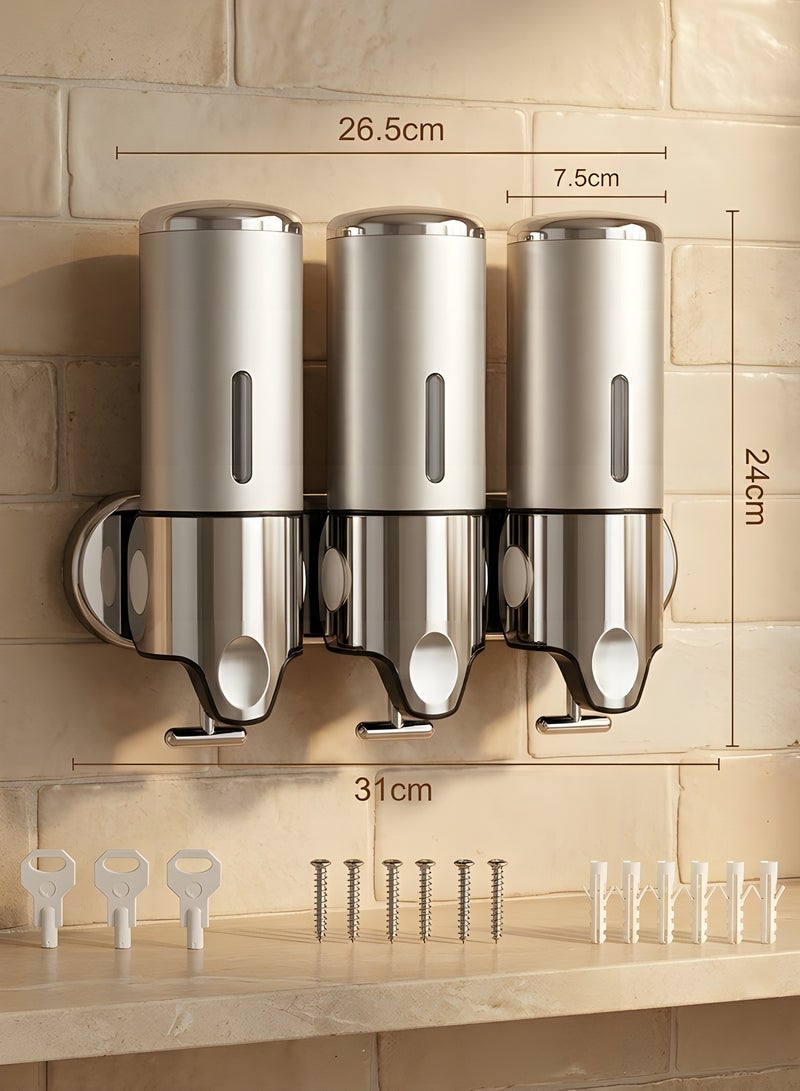 Beauenty 3 in 1 Wall Mounted Bathroom Shower Soap Pump Dispenser Set,Shower Pump Dispenser,Lotion Dispenser,Holds Shampoo,Soap,Conditioner,Shower Gel,For Bathroom Kitchen Hotel Organizer(Silver) - Image 2
