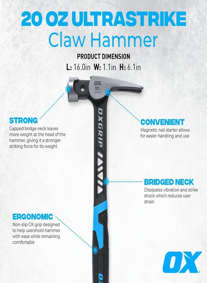 OX TOOLS Pro 20 Ounce Straight Claw Framing Hammer with Anti Vibration Neck | Steel Shaft & Comfort Grip | OX-P087320 - Image 2