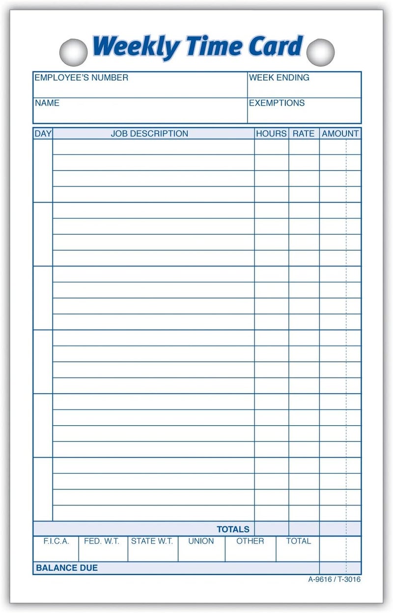Weekly Time Cards, 1-Sided, 4.25 x 6.75 Inches, White Index Bristol Paper, 100 Cards Per Pack (9616ABF)
