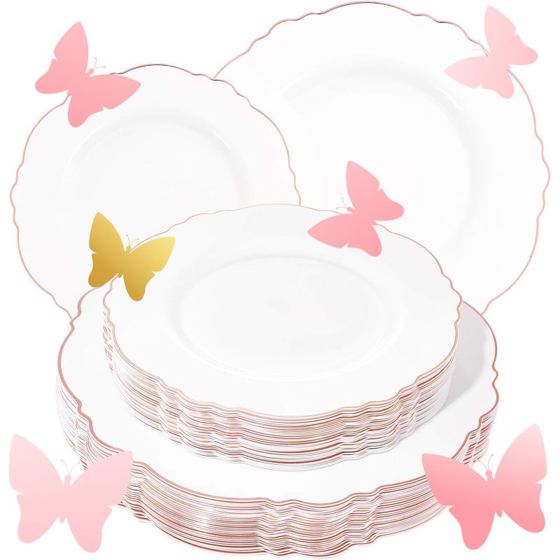 WDF 60pcs Rose Gold Plastic PlatesBaroque White Rose Gold Disposable Plates including 30Plastic Dinner Plates 1025inch 30 Salad Plates 75inch for Wedding  Parties  Mothers Day