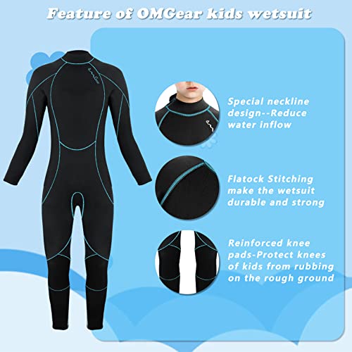 OMGear Kids Wetsuit 3mm Full Suit Neoprene Swimming Suit Long Sleeve Diving Suit Thermal Swimsuit for Children Boys Scuba Diving Surfing Snorkeling (Black/Aqua,4) - Image 3