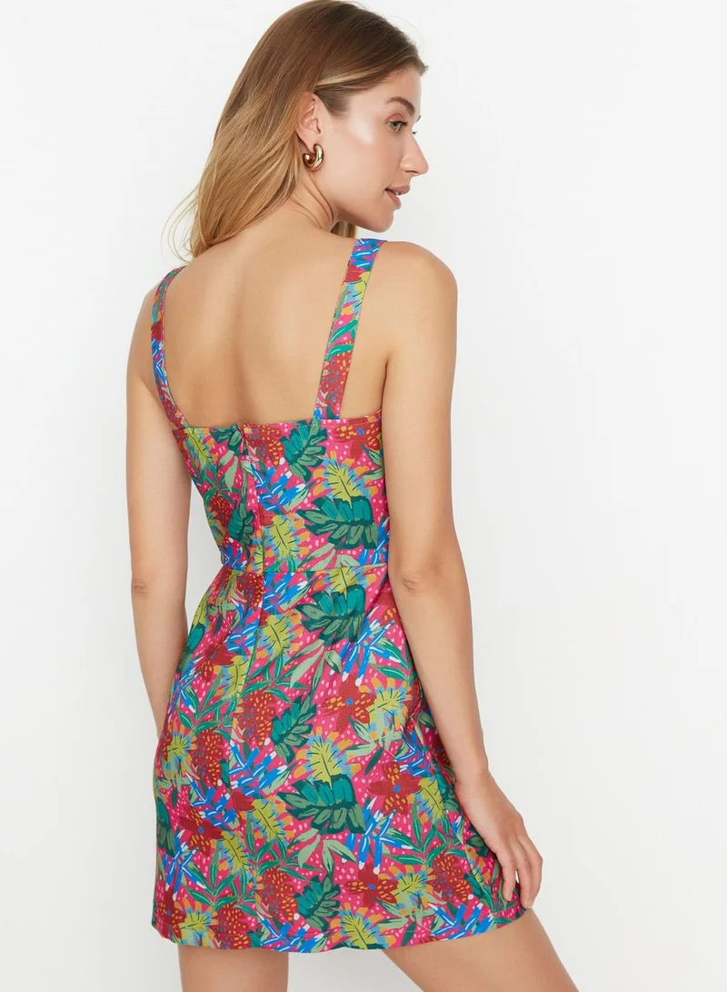 trendyol Floral Print Strappy Button Detail Dress