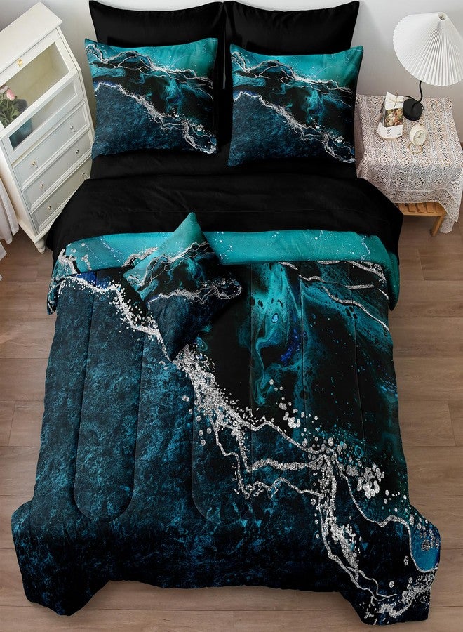 Bedorm Black Marble Comforter Set 8 Pcs Turquoise Blue Bedding Set Queen Size Bed in A Bag Blue and Black Stone Texture Abstract Room Decor Black Marble Bed Comforter - Image 2