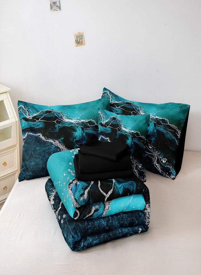 Bedorm Black Marble Comforter Set 8 Pcs Turquoise Blue Bedding Set Queen Size Bed in A Bag Blue and Black Stone Texture Abstract Room Decor Black Marble Bed Comforter - Image 5