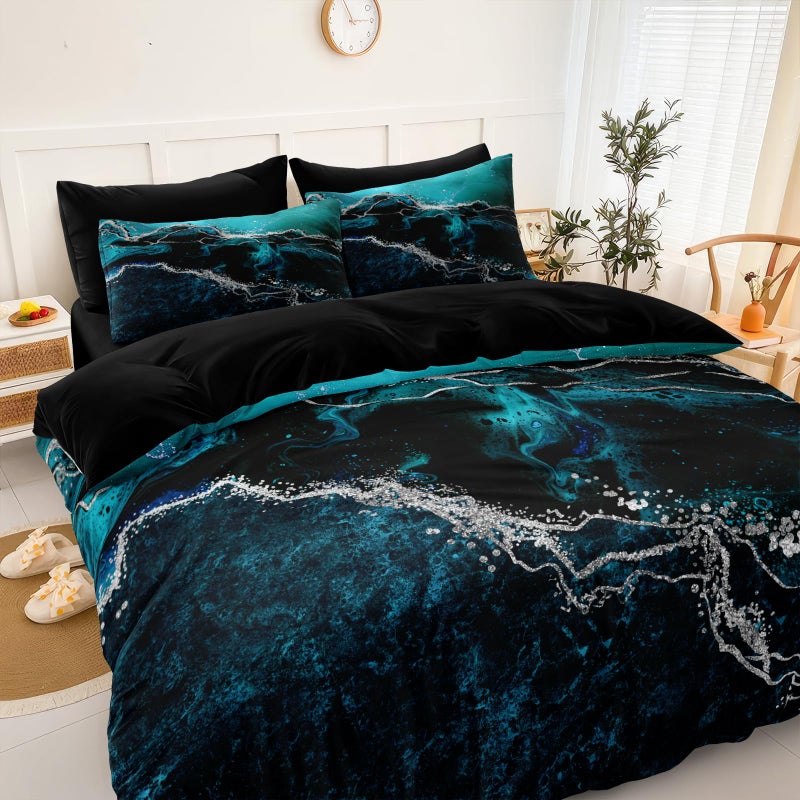 Bedorm Black Marble Comforter Set 8 Pcs Turquoise Blue Bedding Set Queen Size Bed in A Bag Blue and Black Stone Texture Abstract Room Decor Black Marble Bed Comforter - Image 1