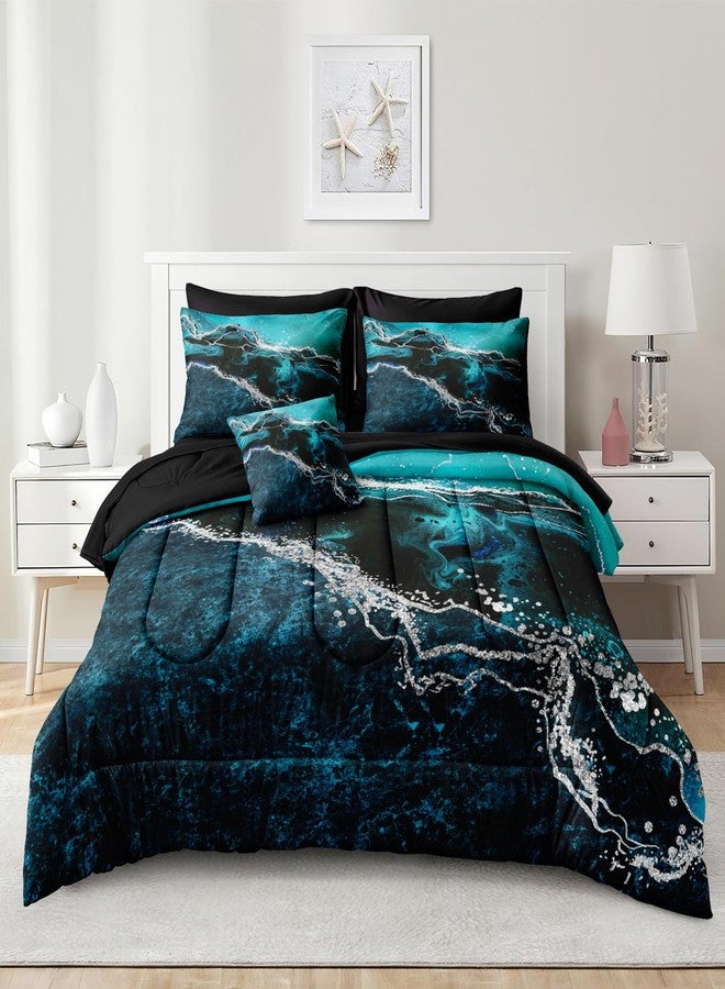 Bedorm Black Marble Comforter Set 8 Pcs Turquoise Blue Bedding Set Queen Size Bed in A Bag Blue and Black Stone Texture Abstract Room Decor Black Marble Bed Comforter - Image 3