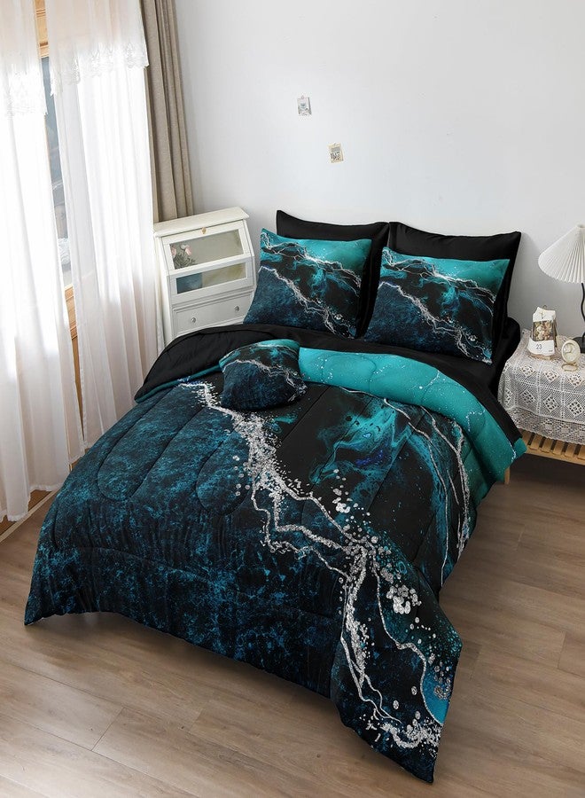 Bedorm Black Marble Comforter Set 8 Pcs Turquoise Blue Bedding Set Queen Size Bed in A Bag Blue and Black Stone Texture Abstract Room Decor Black Marble Bed Comforter - Image 4