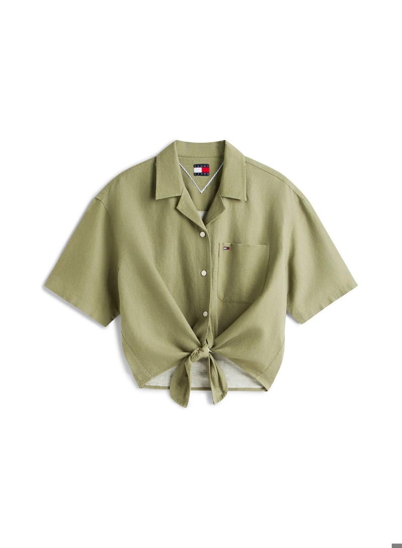 TOMMY JEANS Relaxed Fit Linen Blend Tie Front Shirt - Image 5