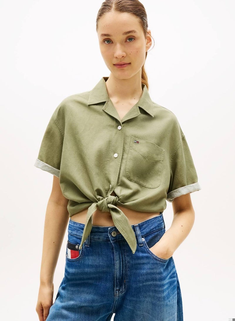 TOMMY JEANS Relaxed Fit Linen Blend Tie Front Shirt - Image 1